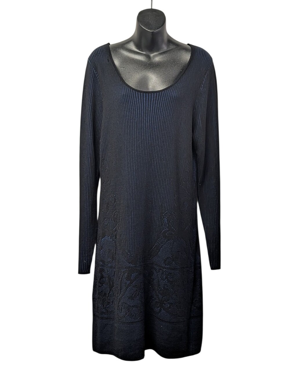 Max Studio Womens XL Blue/Black Ribbed Knit Scoop Neck Floral Sweater Dress NWT